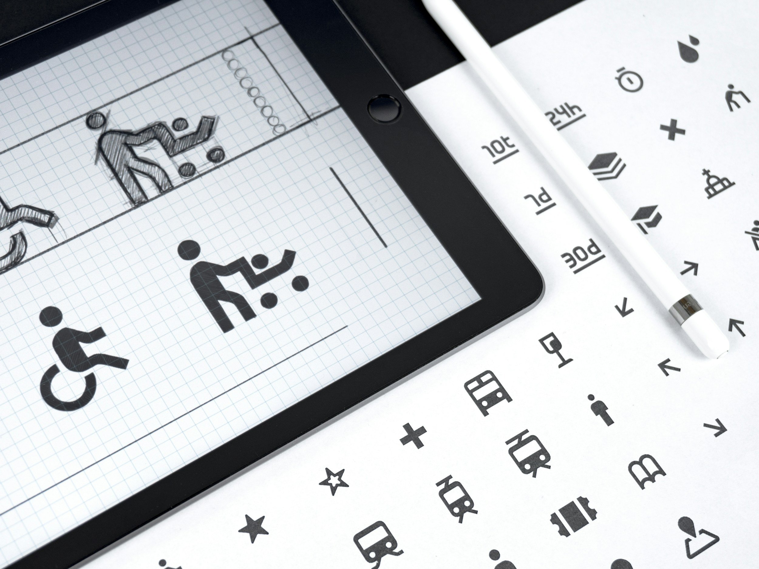 Sketches and icon drawings on a tablet